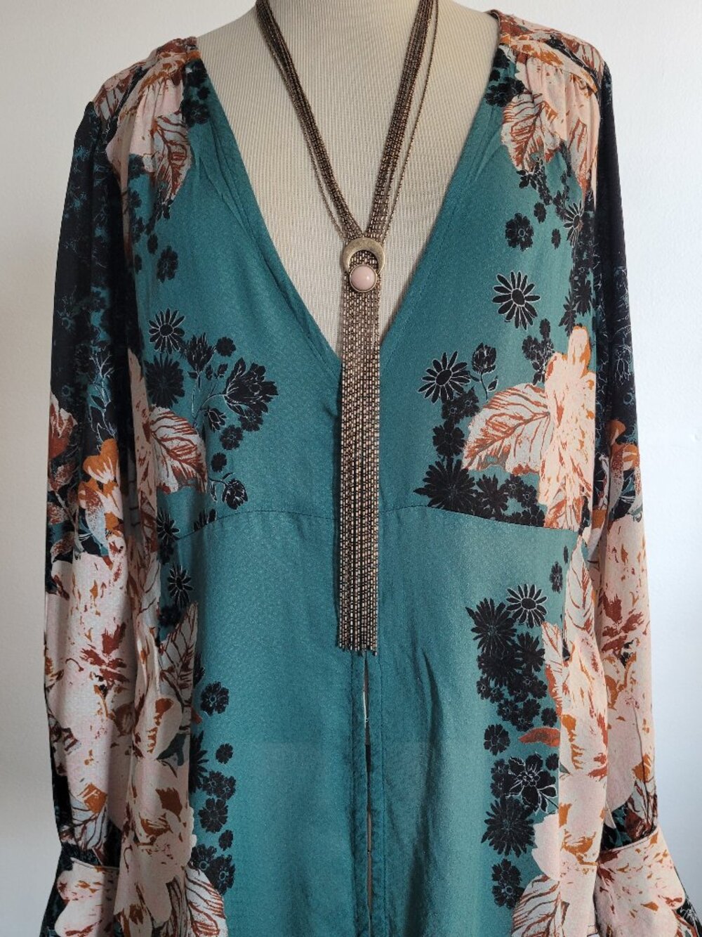 Free People NWT Teal Floral Boho Blouse Ruffled Cuff Small